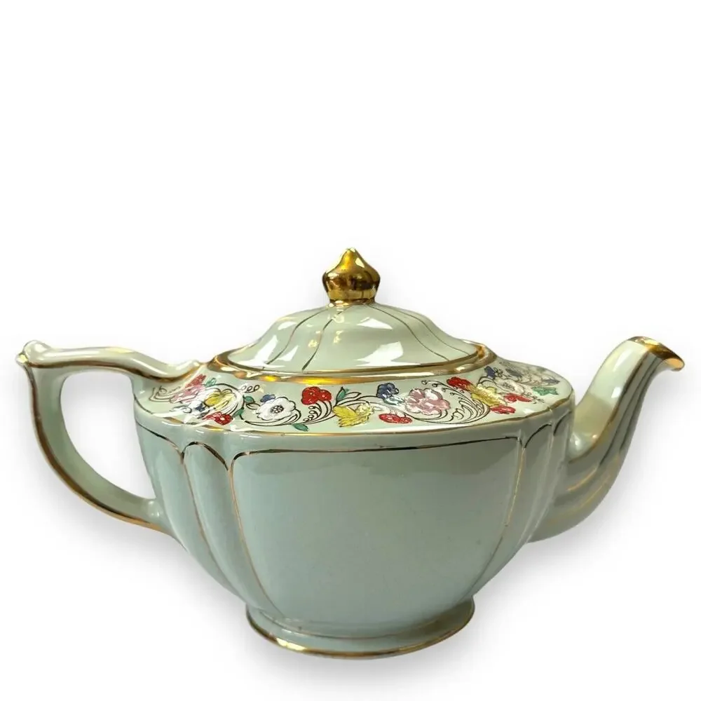Sadler Teapot Vintage Made In England Green and Gold Guilded Floral Pattern